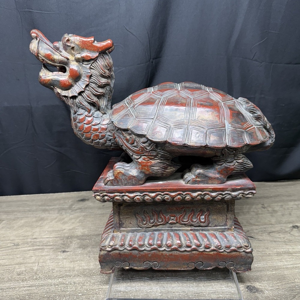 Antique Chinese Longgui Dragon Wood Hand Carved Dragon Turtle Figurine Red